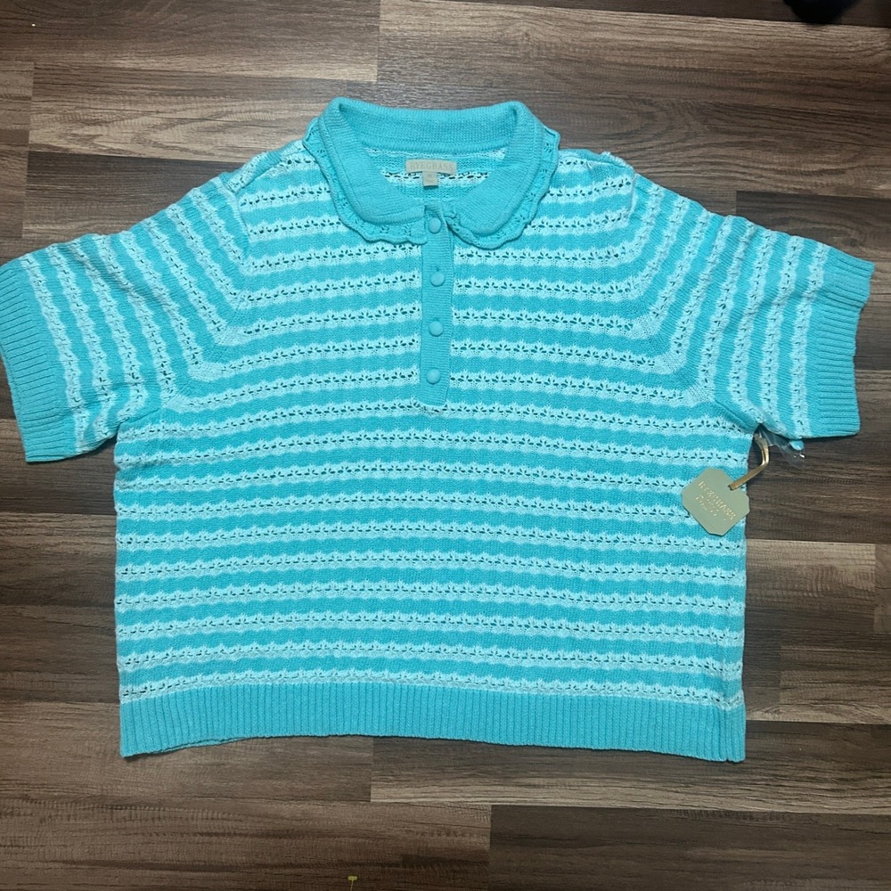 Ryegrass Polo Sweater Top Women 3X Aqua Blue NWT Pointelle Knit Scalloped Collar